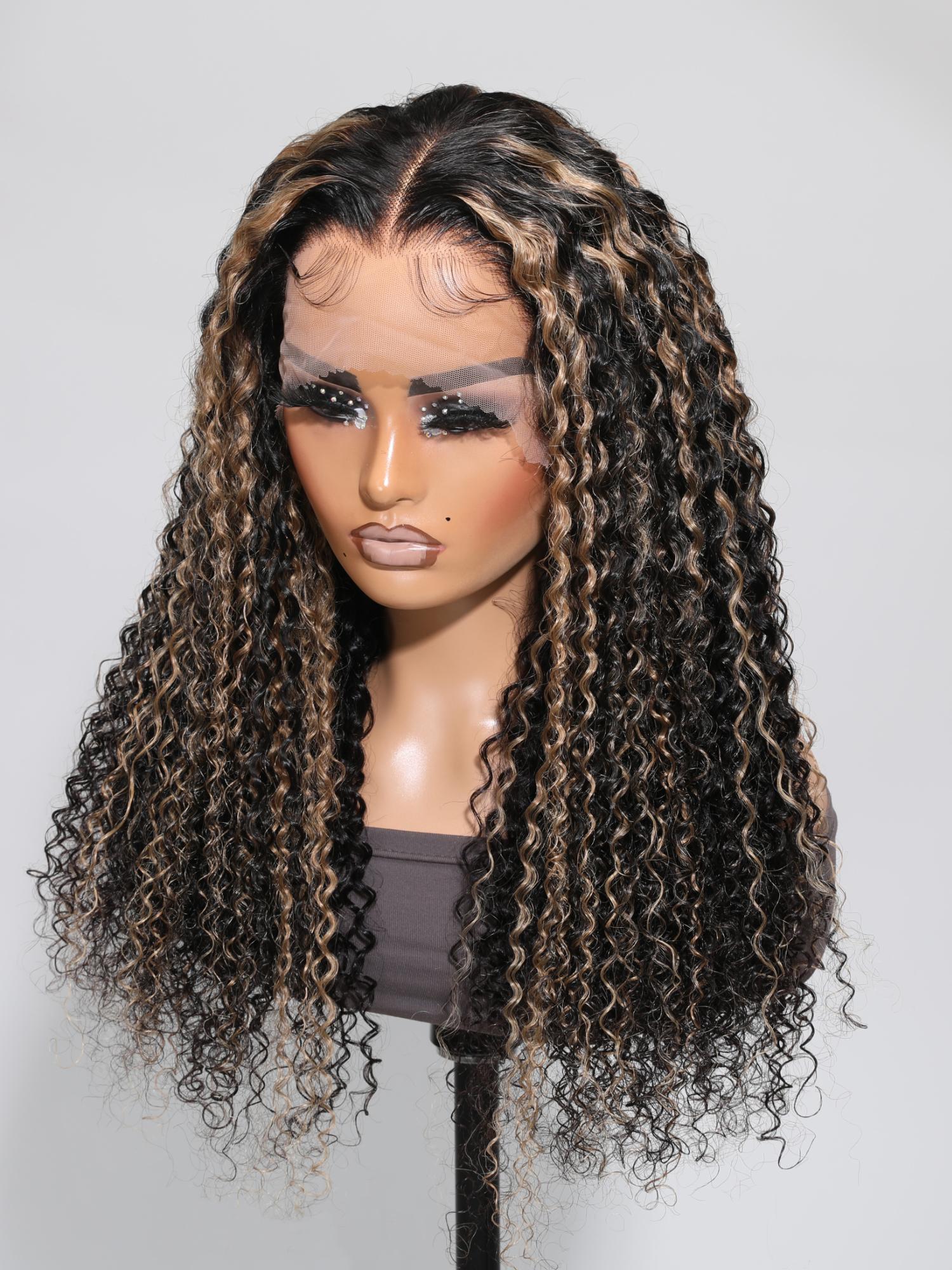 13x4 Lace Front Black Curly Wig With Blonde Piano Highlights