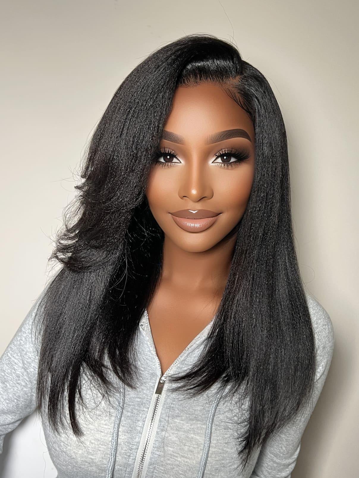 Bye-Bye Knots 7x5 Lace Yaki Straight Wig with Side Swept Bangs