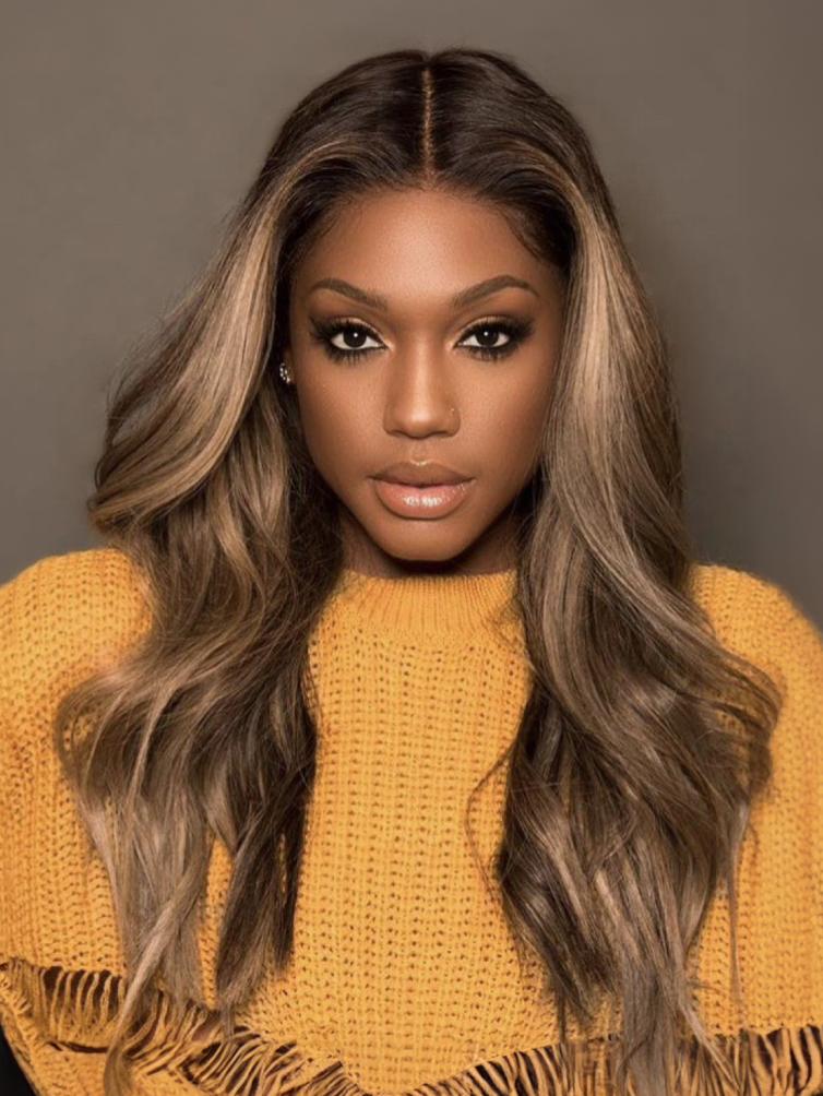 PreCut 4x4 Yaki Straight Wig Ombre Chestnut Brown & Honey Blonde Higlight 2 Styles In 1 Put On And Go Wig