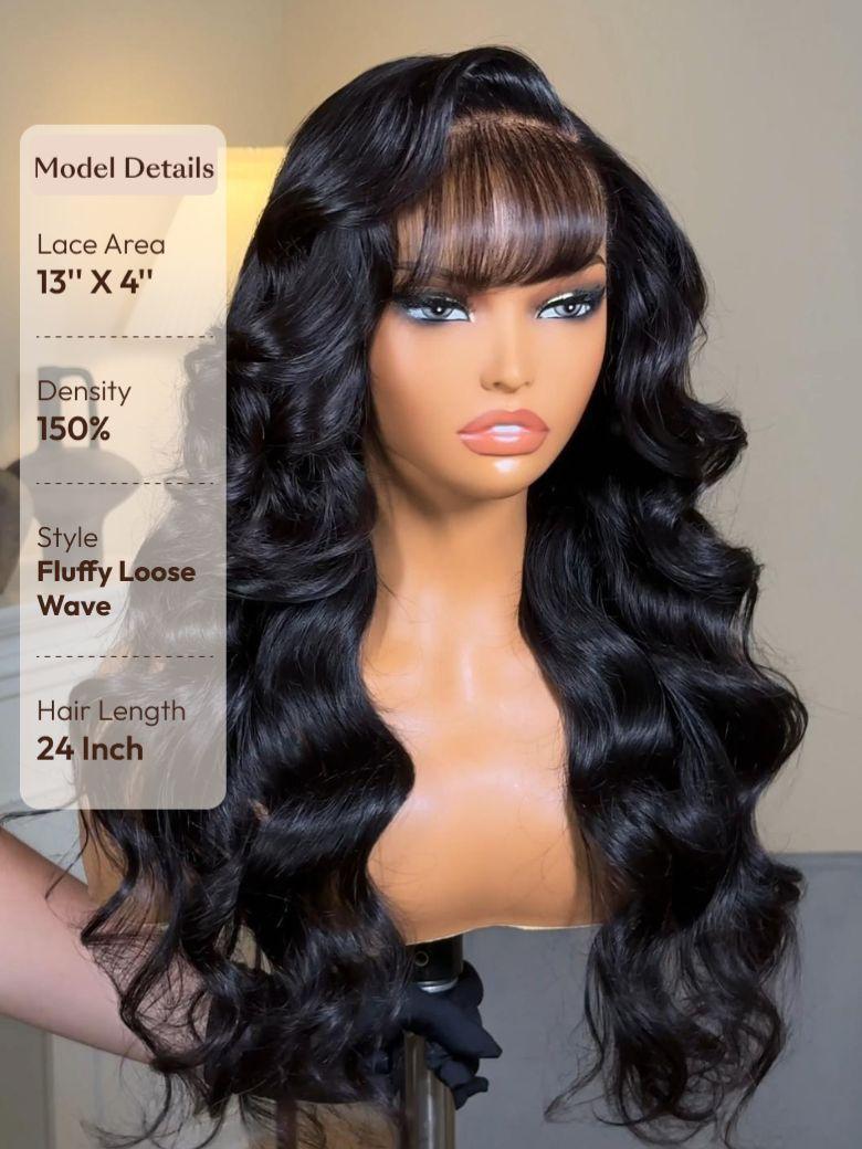 13x4 Pre-Everything? Side-Part Fluffy Loose Wave Wig With Wispy Air Bangs