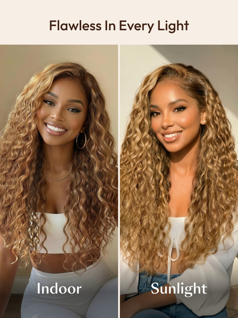A woman with long, curly blonde wig is shown in two settings: outdoors in natural light, indoors light, highlighting how different lighting affects her appearance.