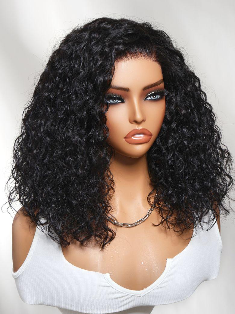 7x5 Bye Bye Slip? Lace Black Celebrity-Inspired Side Part Natural Curly Bob Wig Drawstring Wig 180% Density