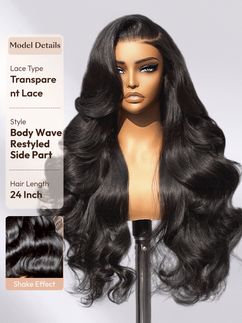 A mannequin head displays a black 24 inch body wave transparent lace wig with a side part.