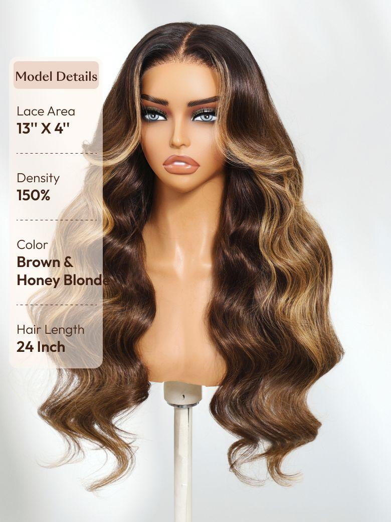 13x4 Pre-Everything? Lace Frontal Brown with Honey Blonde Highlights Loose Wave Drawstring Wig with Face Framing Layers