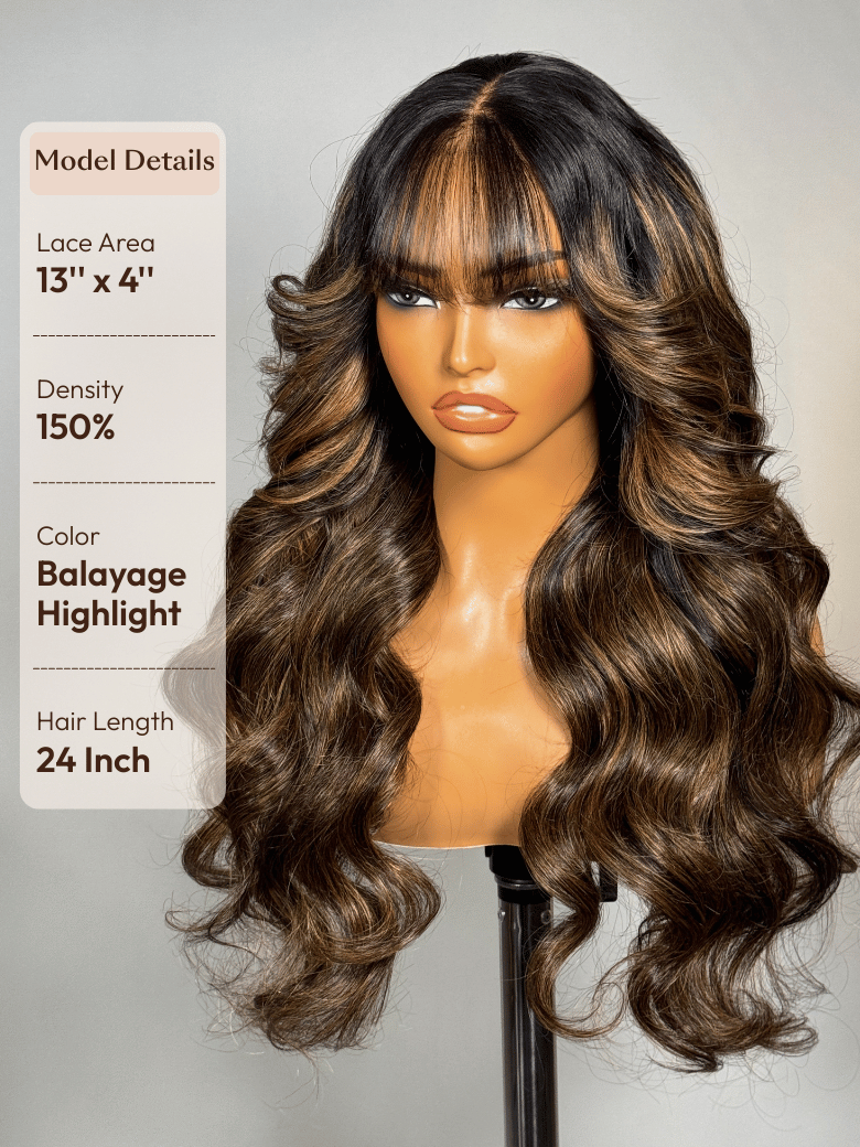 7x5 Bye-Bye Knots? & 13x4 Pre-Everything? & HD Lace Frontal Pull And Go Black Fluffy Natural & Balayage Highlights Loose Wave Curtain Bangs Wig