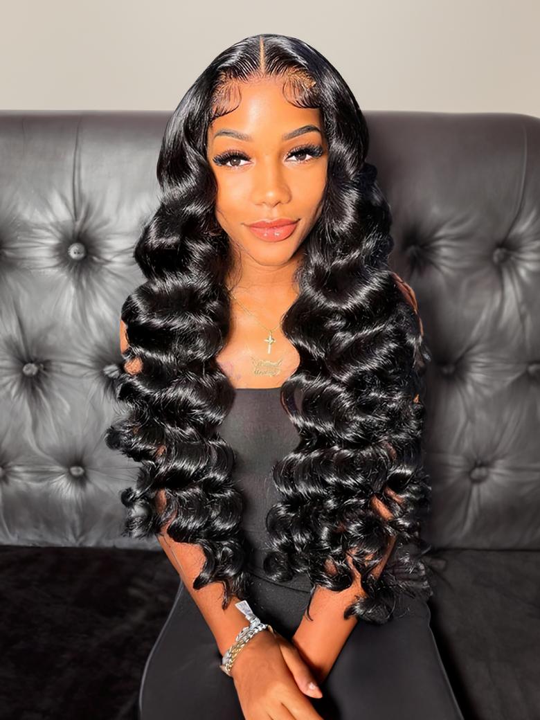 Loose Deep Wave Natural Black 13x4 Lace Front Pre Plucked Wig With Baby Hair Wig