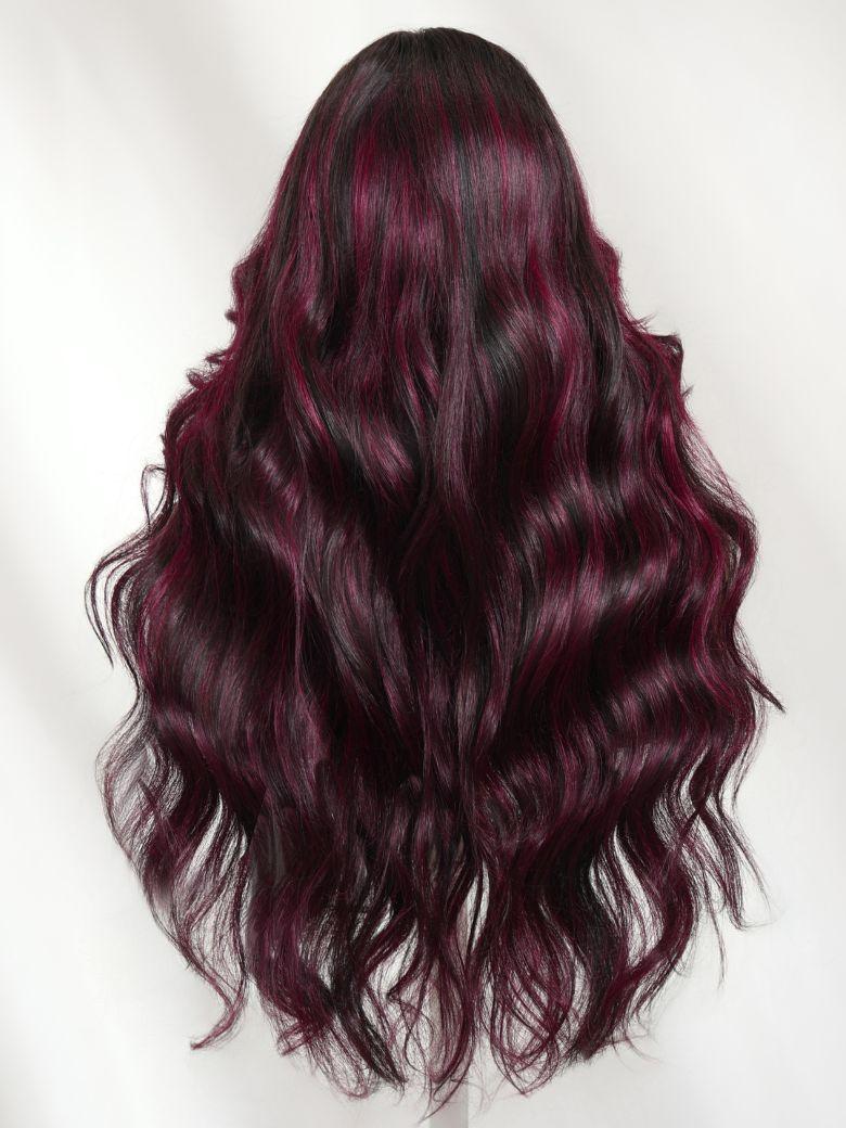 13x4 Pre-Everything? Lace Frontal Black With Burgundy Highlights Loose Wave Wig with Face Framing Layers