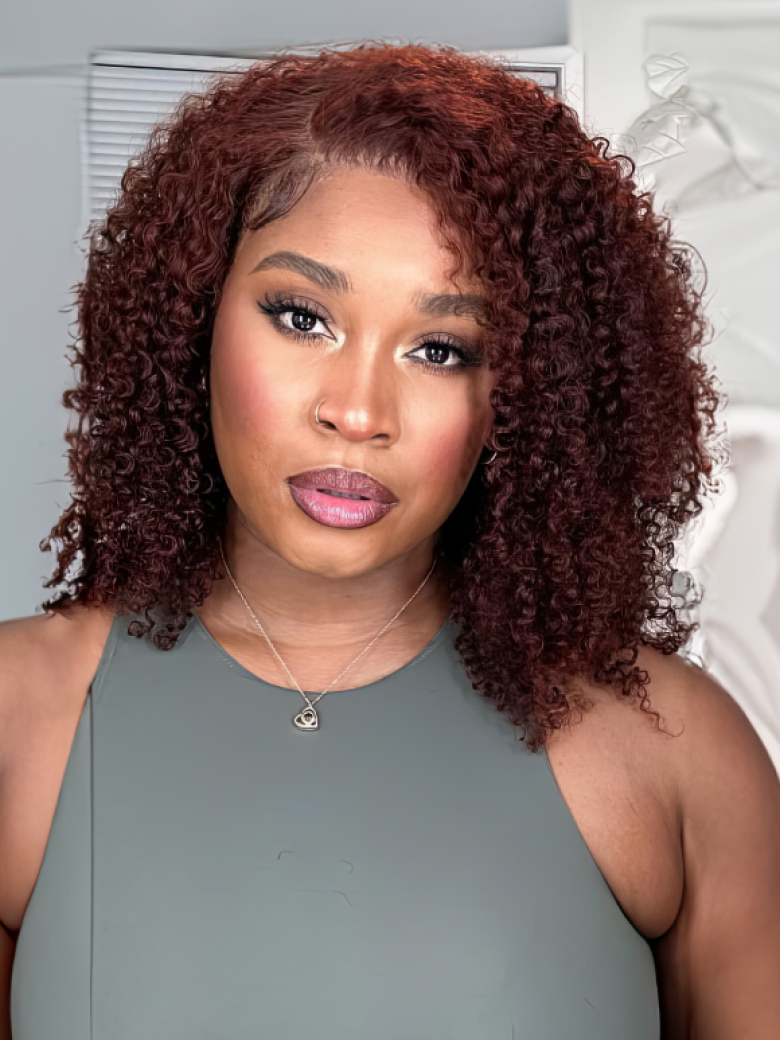 13x4 Lace Front Kinky Afro Puff Reddish Brown 16 Inch Shoulder Length Wig