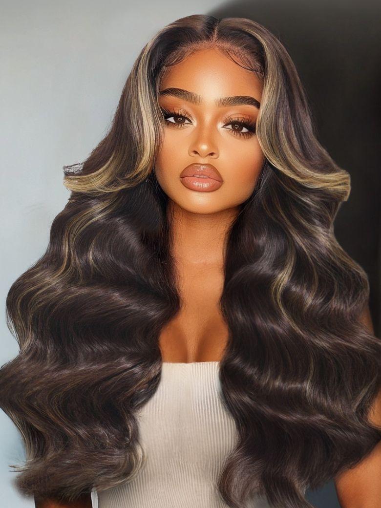 Bye-Bye Knots 7x5 Lace Chocolate Brown Hair With Highlights Loose Wave Wig With Face Framing Layers
