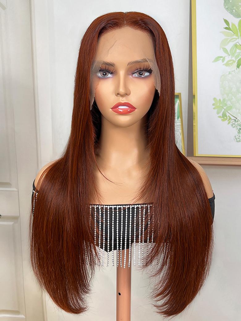 Reddish Brown Pre-Colored Modern Layered Cut 13x4 Transparent Lace Front Layered Cut Straight Season Vibe Wig