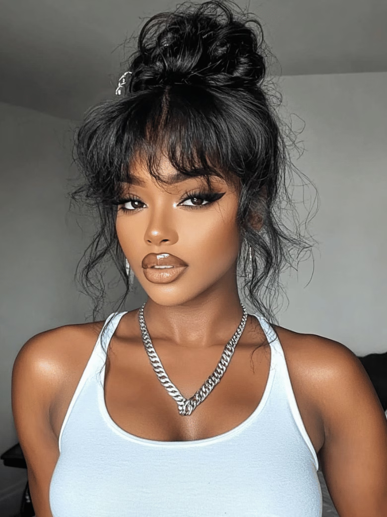 From 24'' 13x4 Pre-Everything? Lace Front Black Fluffy Natural Bouncy Loose Wave Curtain Bangs Wig