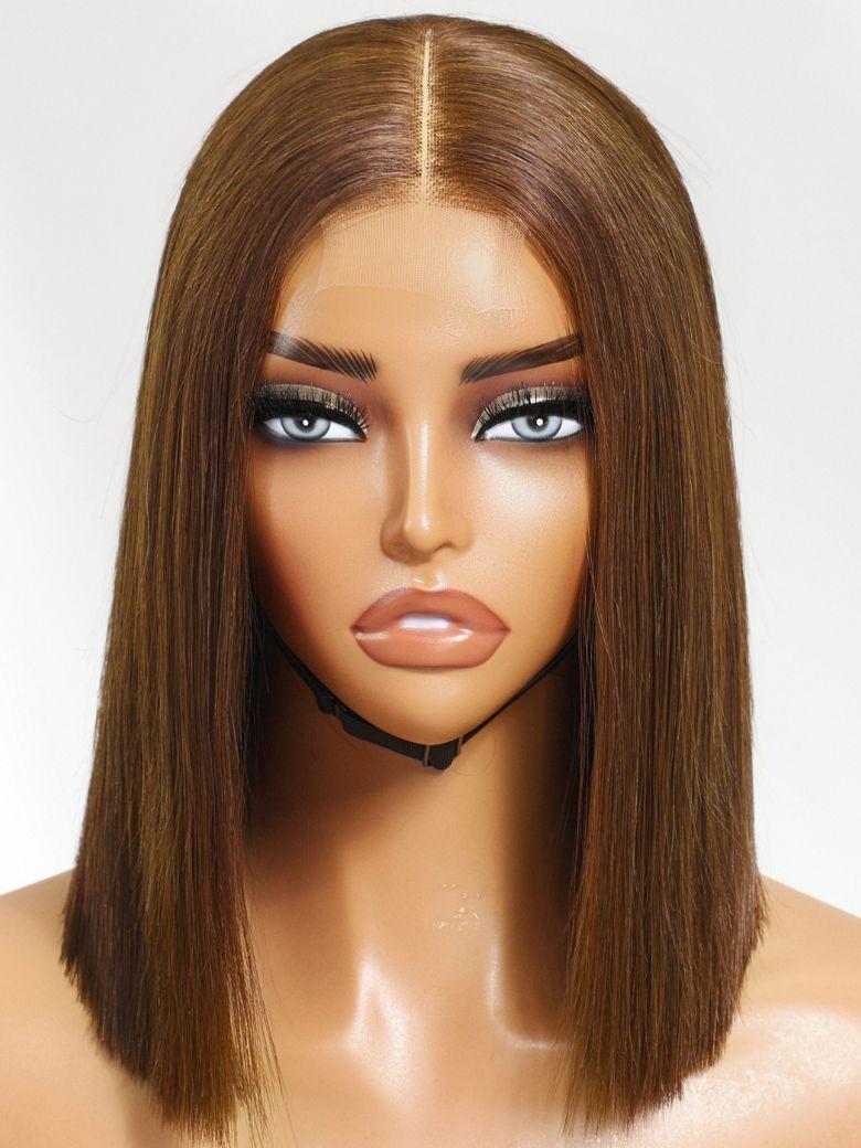 2x6 Lace Closure Medium Brown Glueless Blunt Cut Bob Wig