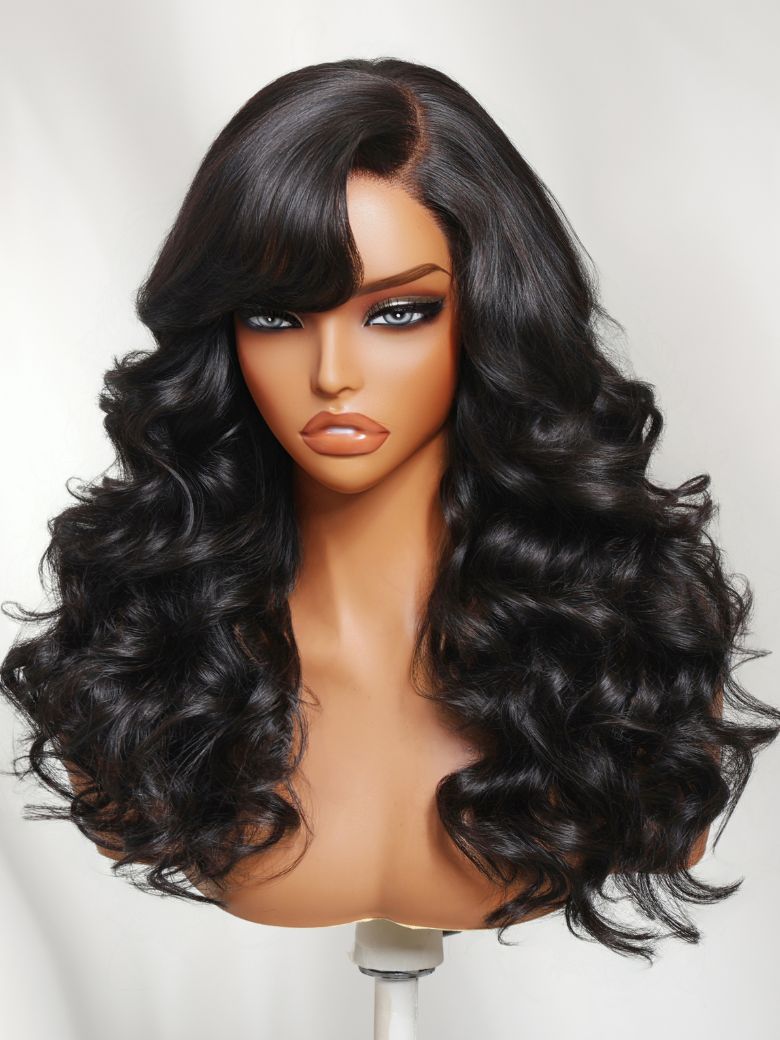 Bye-Bye Knots? 7x5 Lace Loose Curls Feathered Cut 200% Density Wigs with Side Swept Bangs & Invisi Drawstring