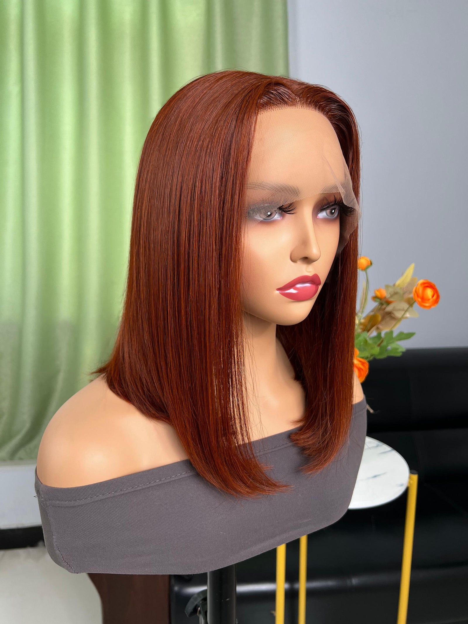 Dark Auburn Brown Long Sleek Bob 13x4 Lace Front Wig