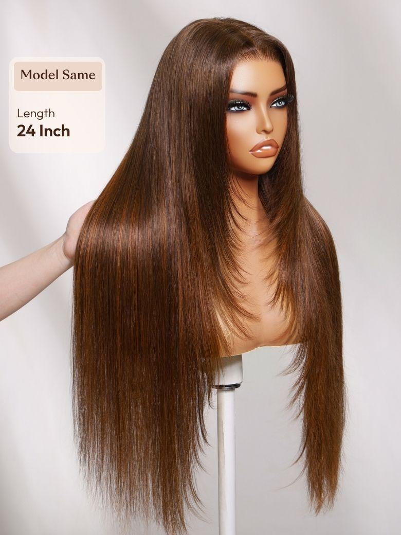 7x5 Bye-Bye Slip? Lace Rich Brown with Golden Copper Highlights Layered Straight Glueless Wig with Invisi Drawstring