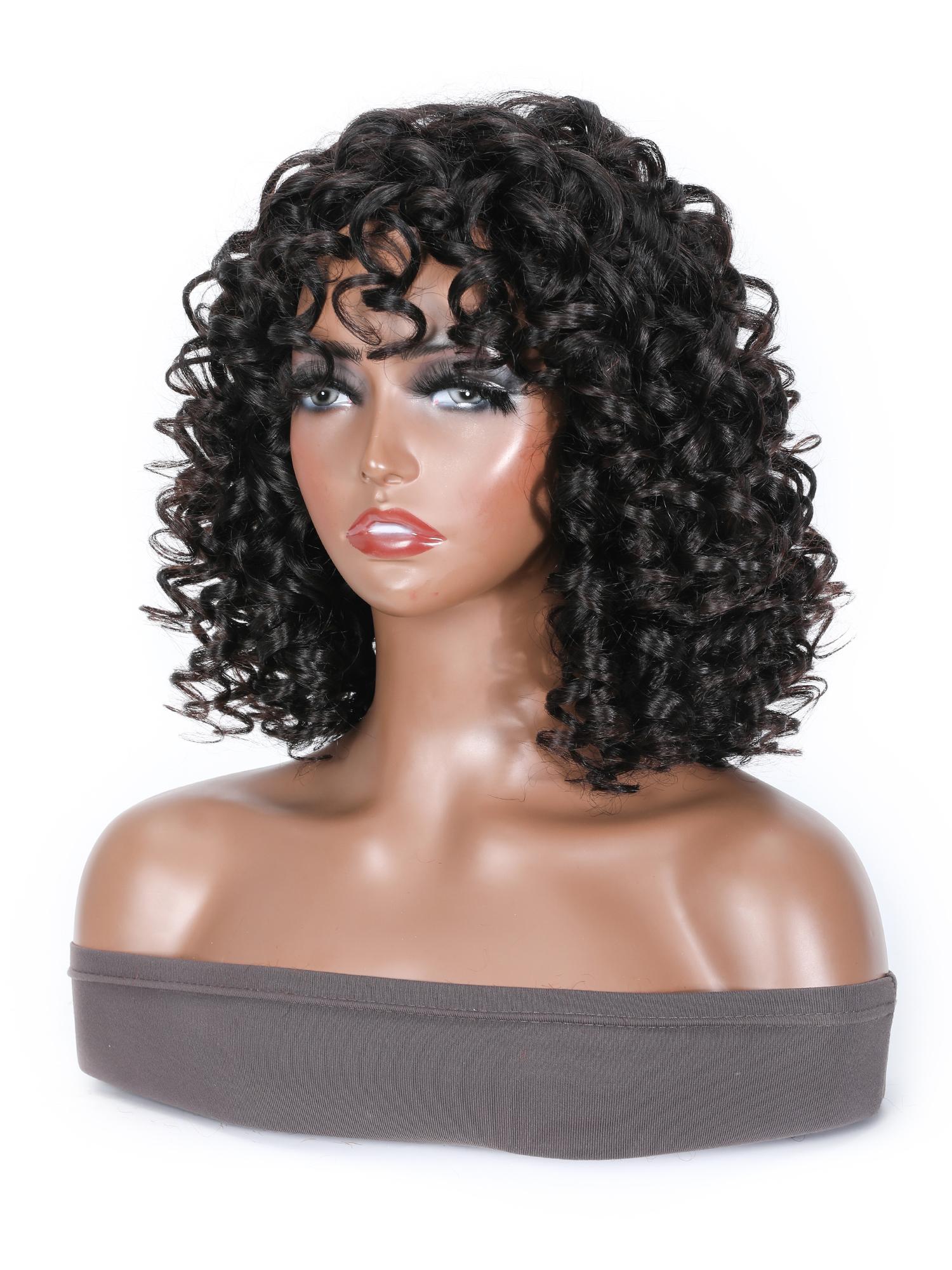 Short Black Afro Curly Wigs with Bangs Human Hair for Women 12 inch