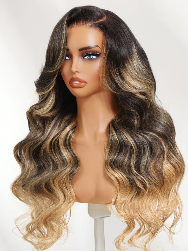 Bye-Bye Knots? Black With Blonde Highlights 7x5 Lace Loose Wave Wig With Face Framing Layers