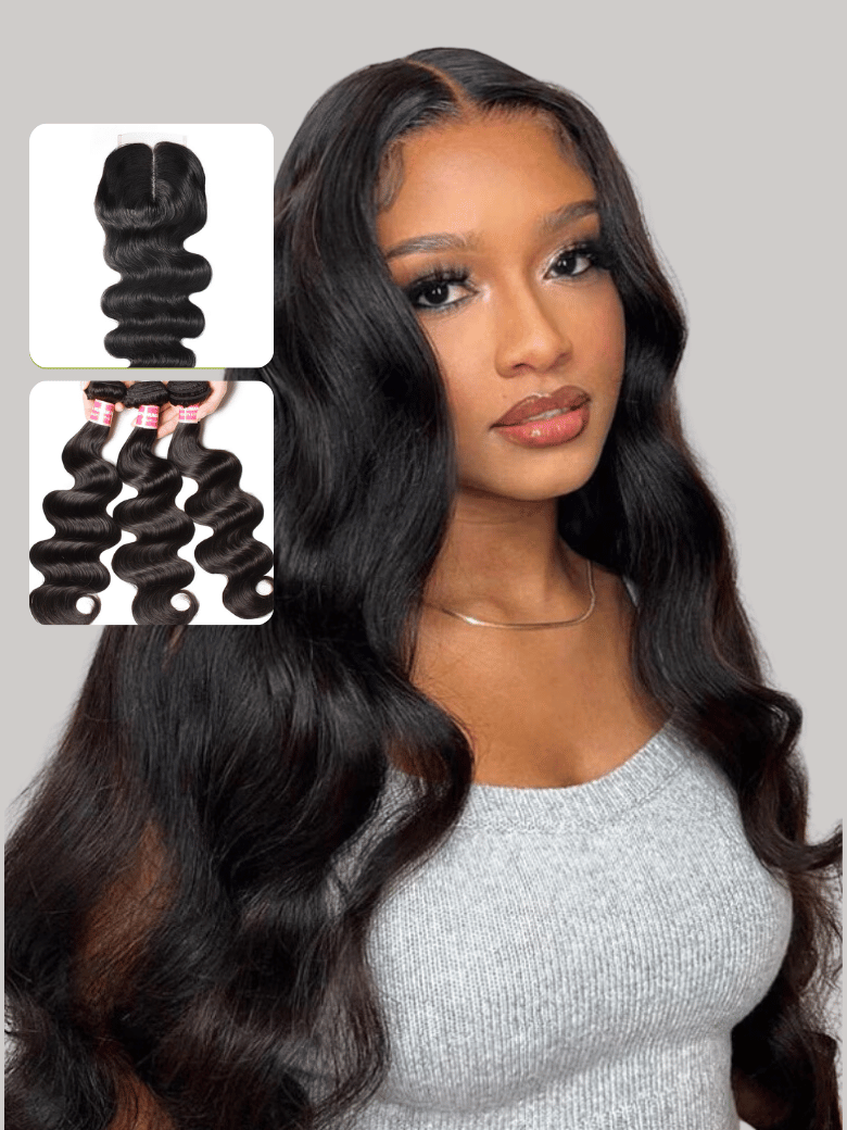 Human Hair Body Wave 3 Bundles With Middle Part Lace Closure