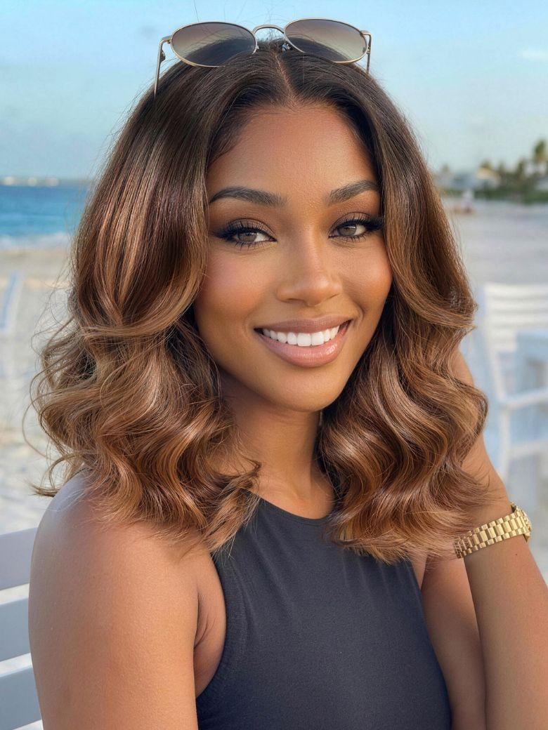 13x4 Bye Bye Slip? Lace Frontal Brown with Caramel Highlights Glueless Curly Wig with Dark Roots