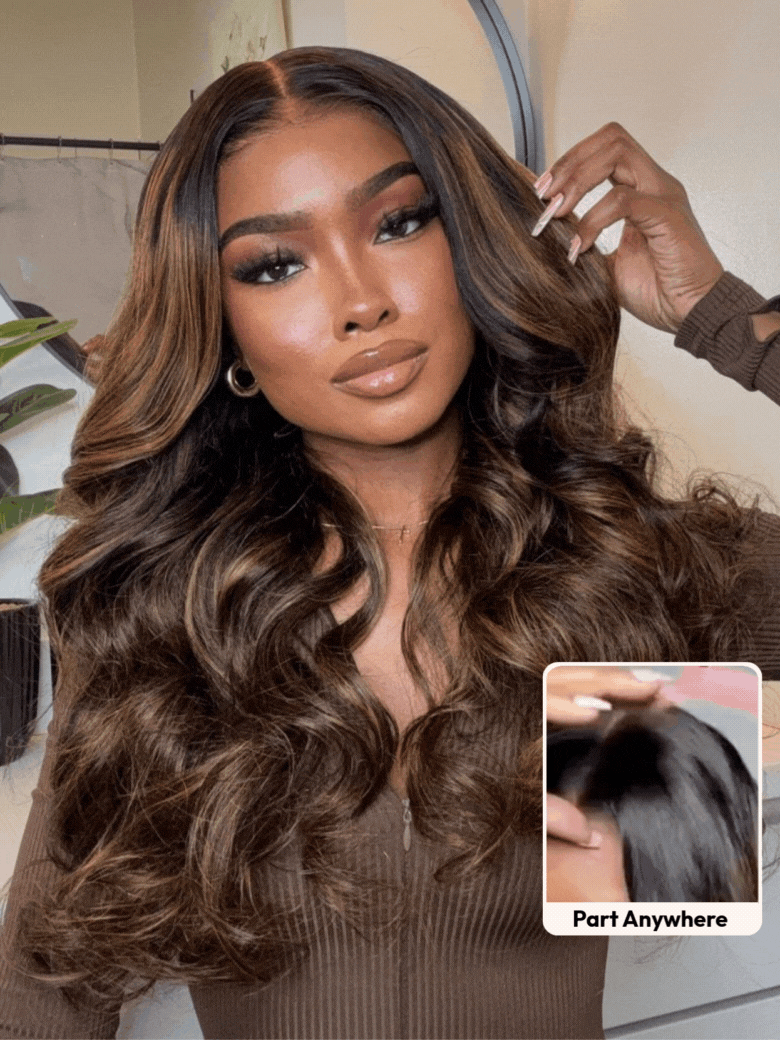 7x5 Bye Bye Slip? Balayage Highlight Body Wave & Curtain Bangs Wig �C Glueless Lace Pull & Go with Invisi Drawstring