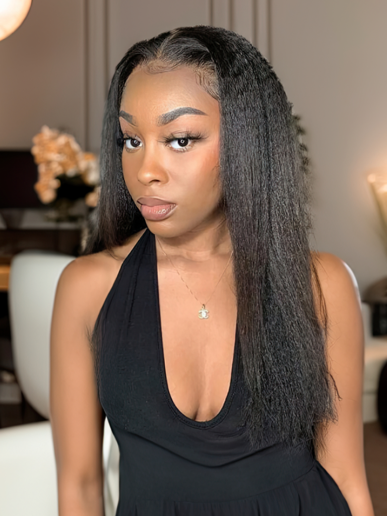 24" Put On And Go Pre Cut Lace 4x4 Closure Kinky Straight 180% Density Black Quick & Easy Glueless Air Wig