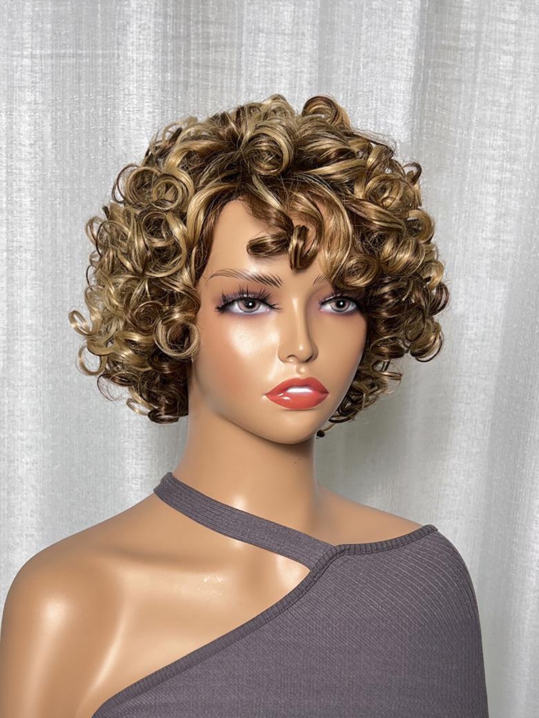 Big Fluffy Brown Mixed Blonde Glueless Bob Curly Wig With Fringe Bangs