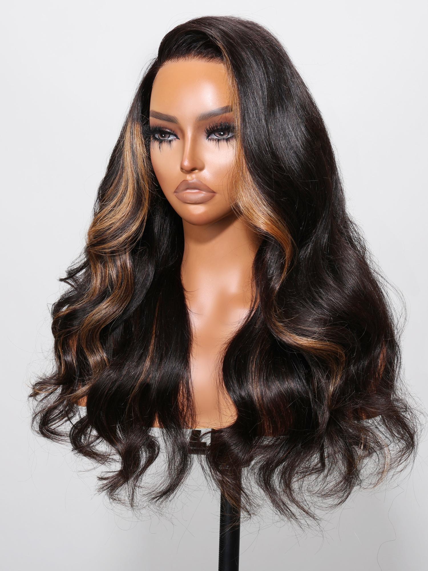 13x4 Lace Front Black Hair With Brown Skunk Stripe Highlights Loose Wave Wig