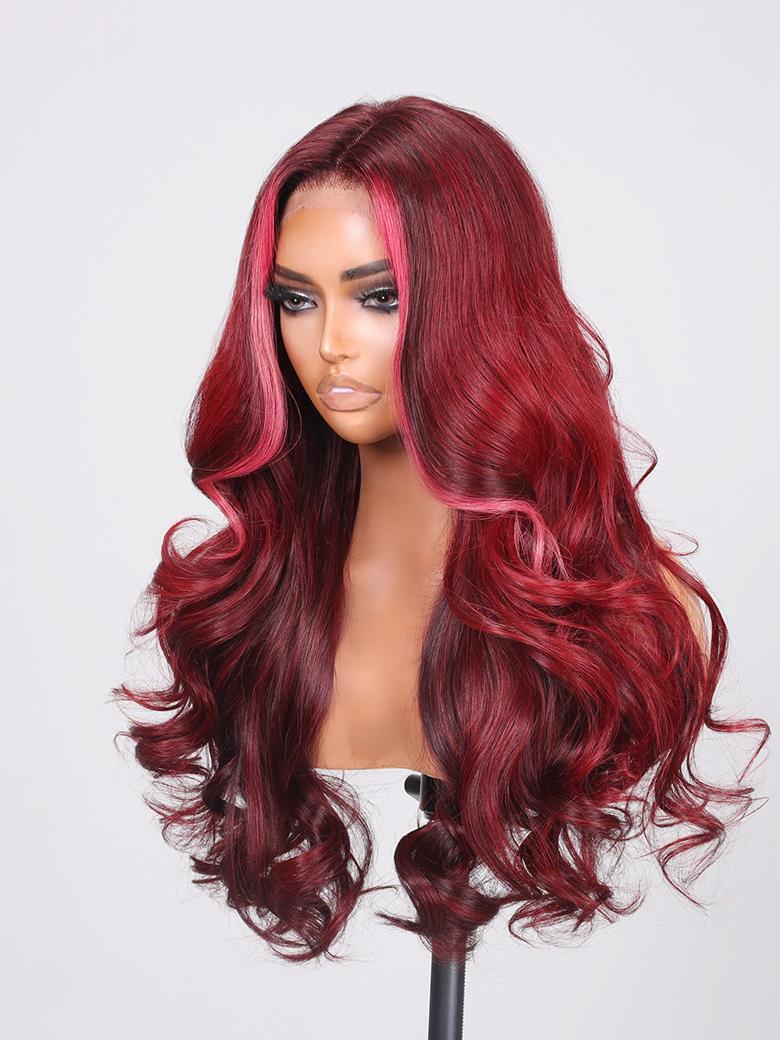 13X4 Lace Front Deep Burgundy With Pink Face Framing Highlights Loose Wave Wig