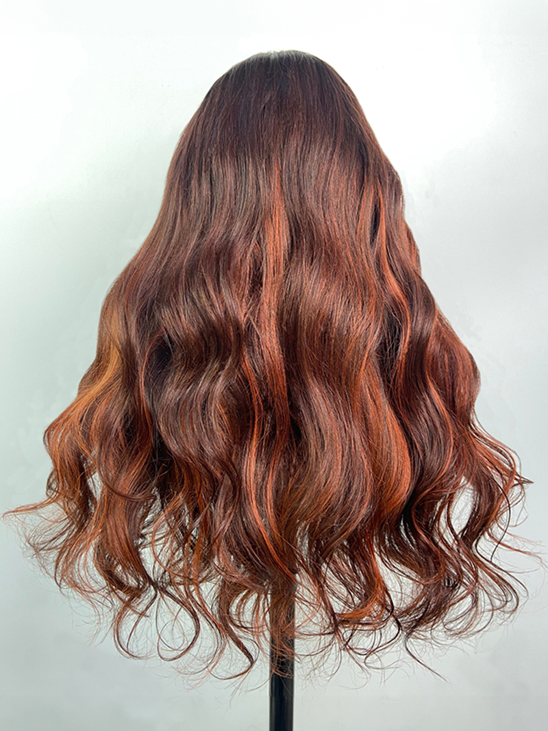 24 Inch 180% Density 13x4 Frontal Auburn Brown with Ginger Highlights Body Wave Wig