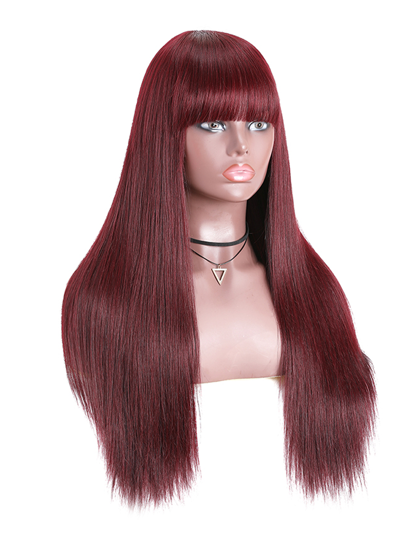 18 Inch Burgundy Silk Straight Human Hair Wigs with Bangs Glueless Machine Made Wigs for Women Real Hair Wig