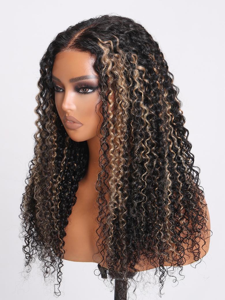 Bye Bye Knots Wig 7x5 Glueless Lace Honey Brown Highlights Jerry Curly Wig With Bleached Knots