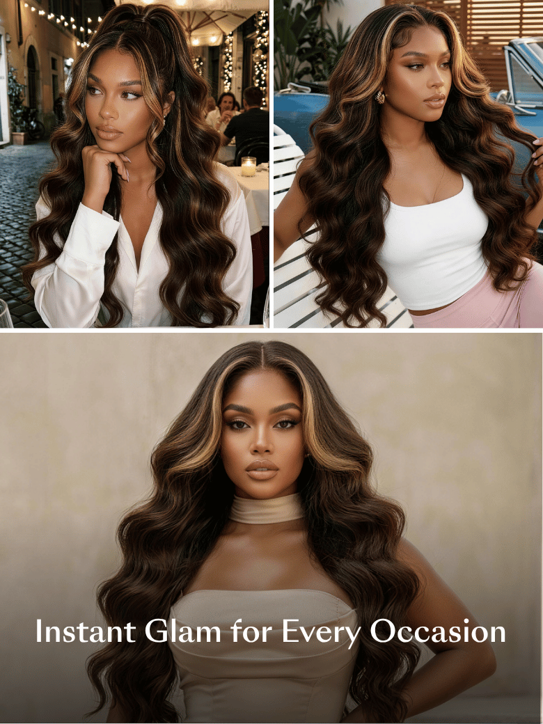 360 HD Lace Pre-plucked Luxury Raw Virgin Hair Chocolate Brown Balayage Body Wave Wig with Money Piece Highlights