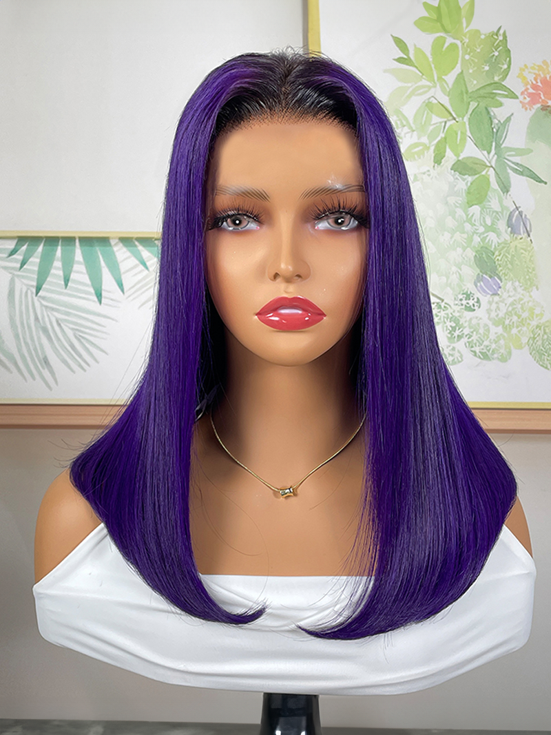 Lace Front Blunt Cut Bob Dark Purple Wig With Dark Roots