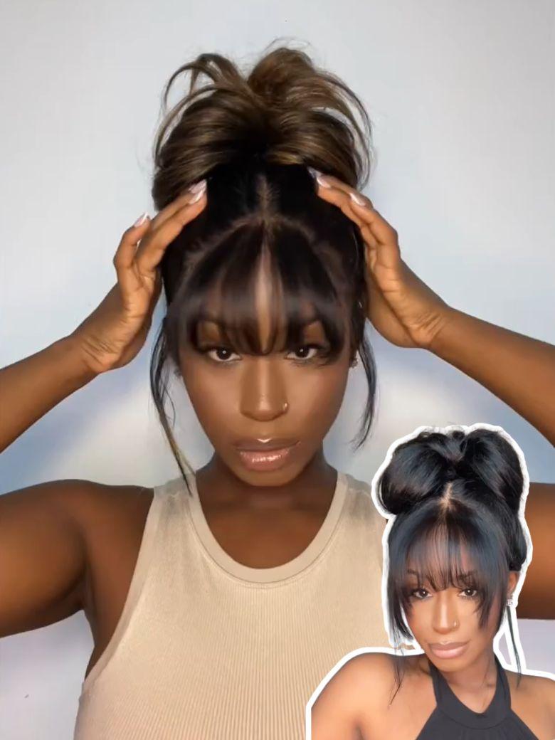7x5 Bye-Bye Knots? & 13x4 Pre-Everything? Lace Frontal Black Fluffy Natural Loose Wave Curtain Bangs Wig