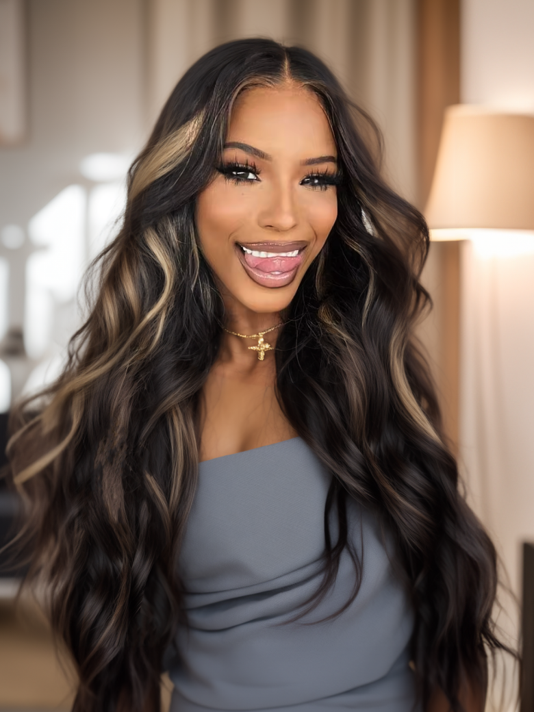 13x4 Transparent Lace Front Peek A Boo Blonde Highlights Body Wave Black Human Wig