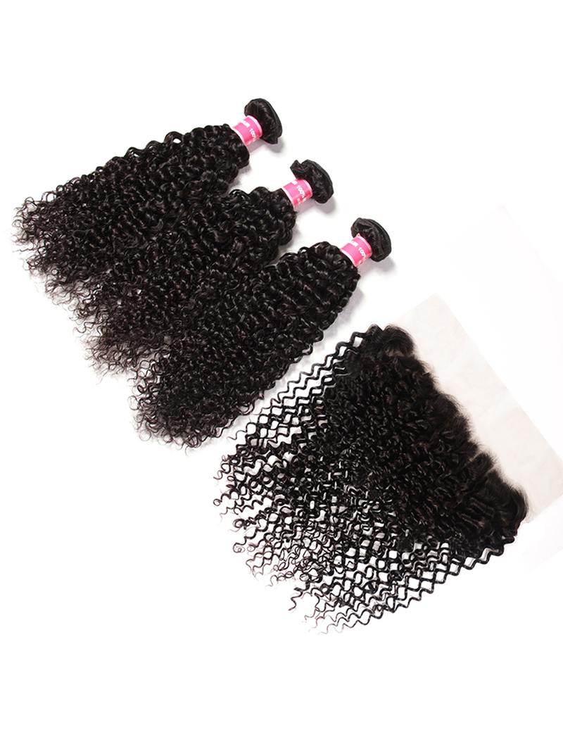 Hair 3 pcs Jerry Curly Bundles With 13x4 Lace Frontal