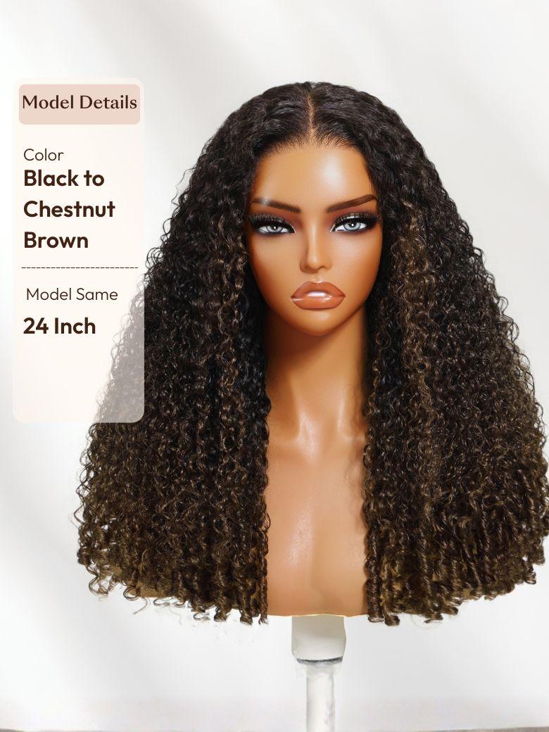 Glueless 7x5 Burmese Curly Wig with Finger Coily Ends 100% Human Hair Black to Chestnut Brown Ombre Bye-Bye Knots? 7x5 Lace Drawstring Wig