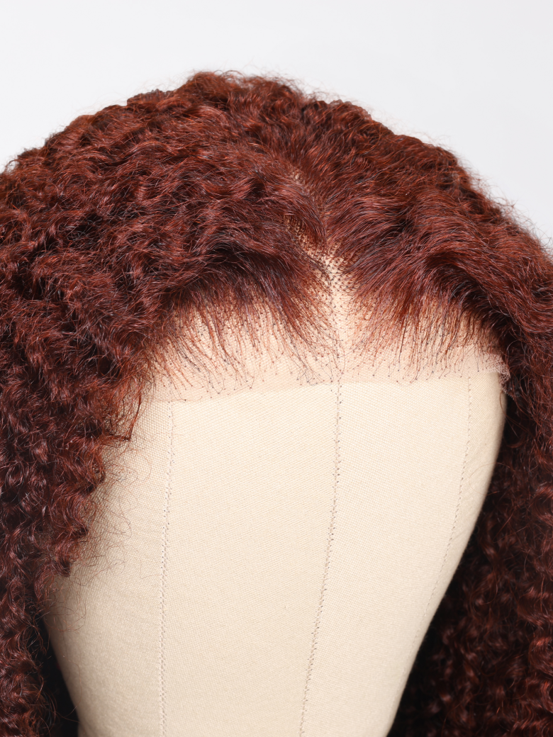 6x4.5 Put On And Go Pre-Plucked Reddish Brown Kinky Curly Wig 150% Density