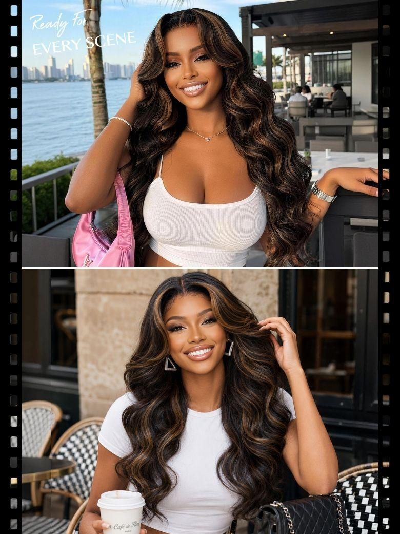 7x5 Bye Bye Slip? Lace Black with Golden Brown Highlights Body Wave Wig with Invisi Drawstring 150% Density