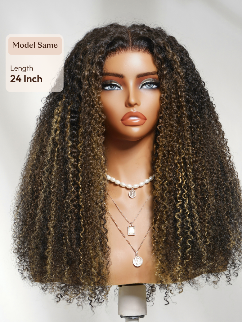 7x5 Bye Bye Slip? Lace Black with Blonde and Caramel Highlights Full Curly Wig with Defined Curls For Beginners