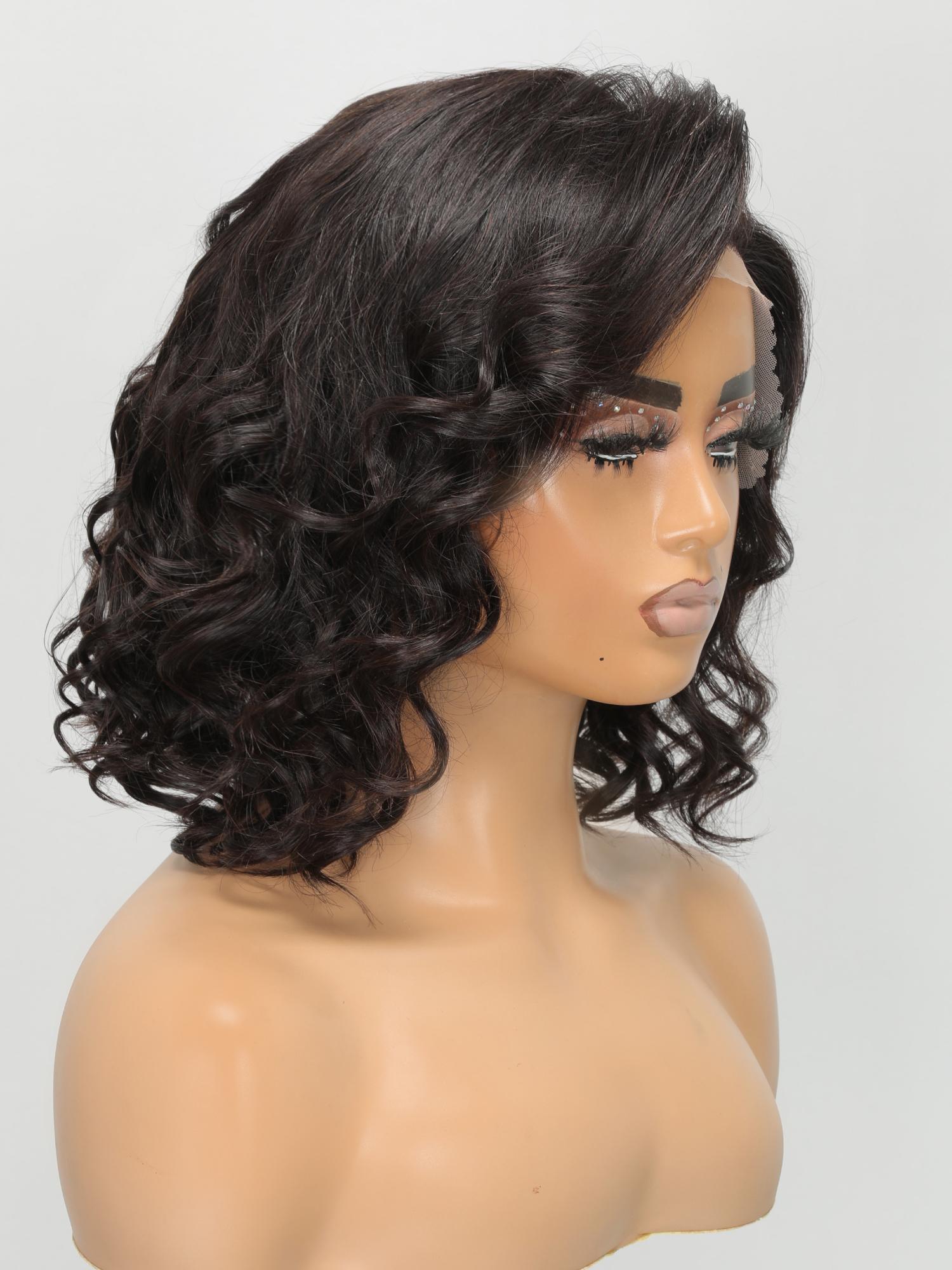 13x4 Lace Front 180% Density Hollywood Side Swept Bangs Shoulder Length Wavy Wig