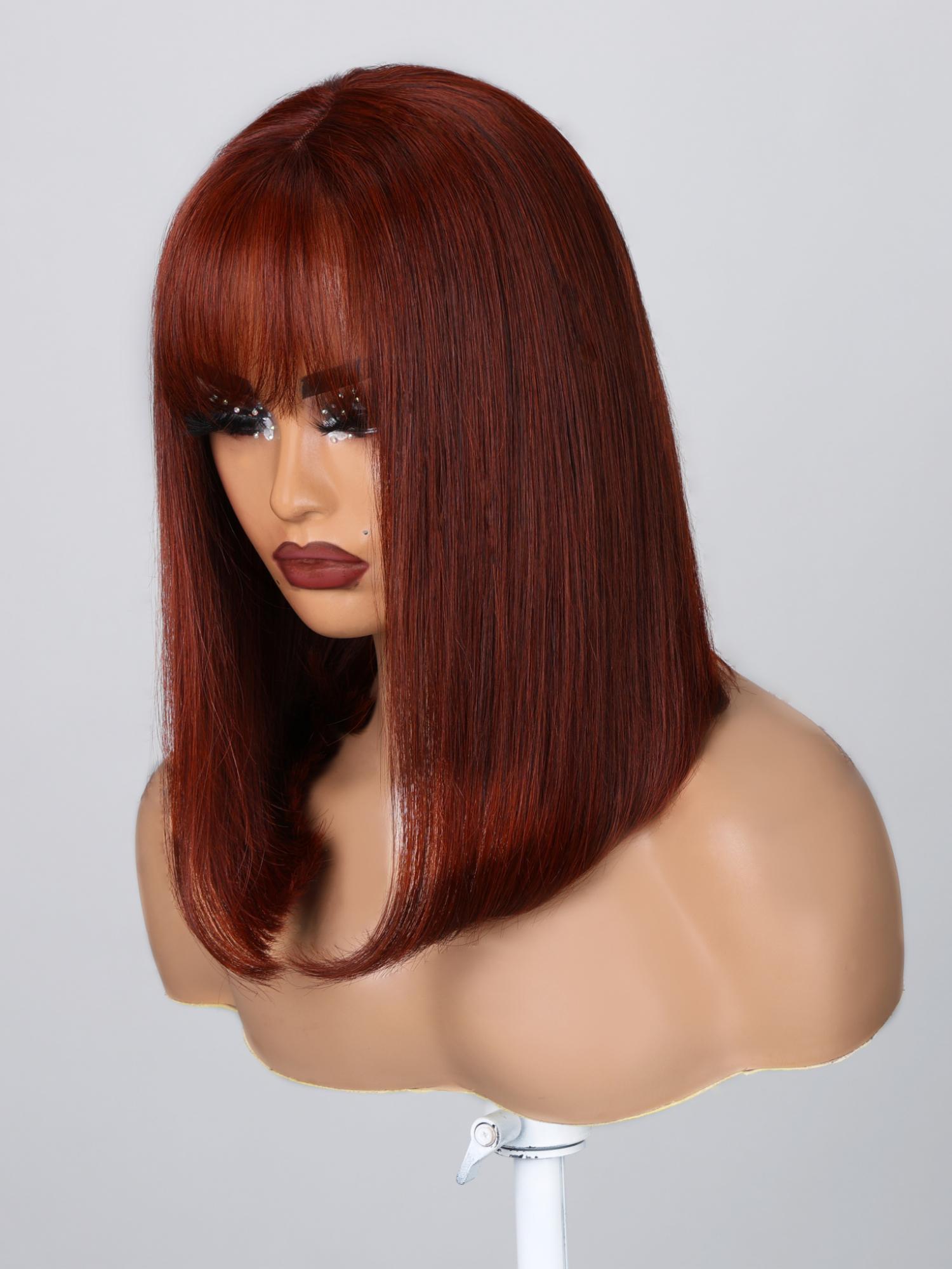 4x0.75 Lace Part Reddish Brown Inverted Bob Wig With Bangs