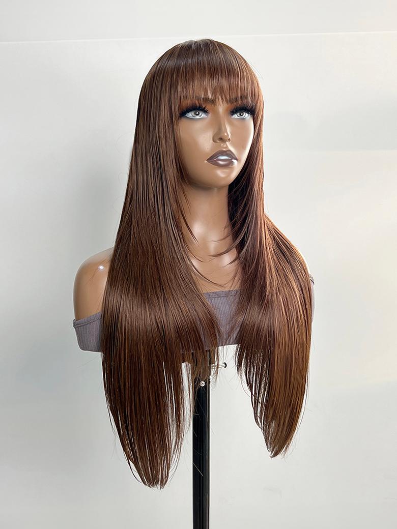 Layer Cut Mocha Medium Brown Glueless Beginner Friendly Straight Wig With Bangs
