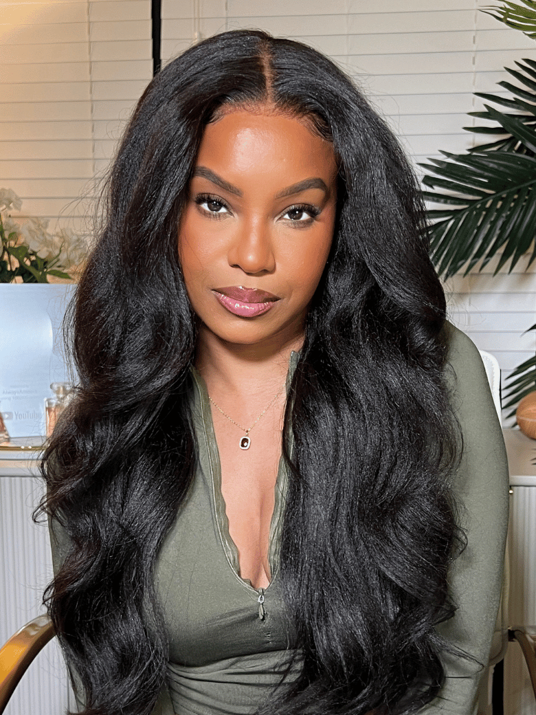 EasiContour? V Part Glueless Yaki Straight Wig With Invisi Drawstring 100% Human Hair 150% & 180% Density