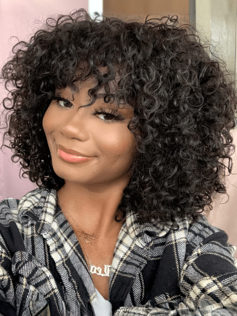 Tousled Curly Short Black Glueless Wig With Bangs