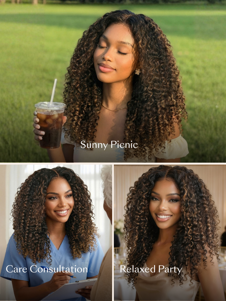 7x5 Bye Bye Slip?Glueless Lace Black to Chestnut Brown Ombre Burmese Curly With Finger Coil Ends Wig-Put On & Go With Invisi Drawstring