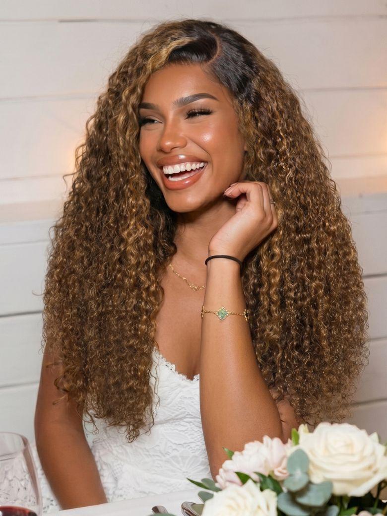 13x4 Bye Bye Slip? Lace Frontal Brown with Caramel Highlights Glueless Curly Wig with Dark Roots