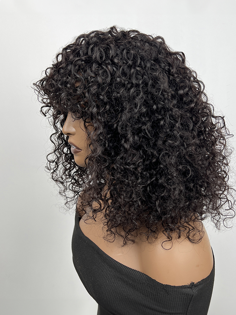 Tousled Curly Short Black Glueless Wig With Bangs