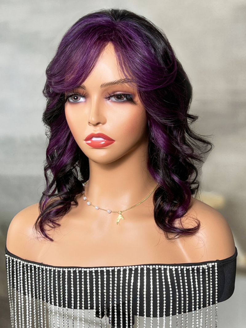 Glueless Purple Skunk Stripe Wolf Cut Wig with Streaks In The Front Open Weft Wig