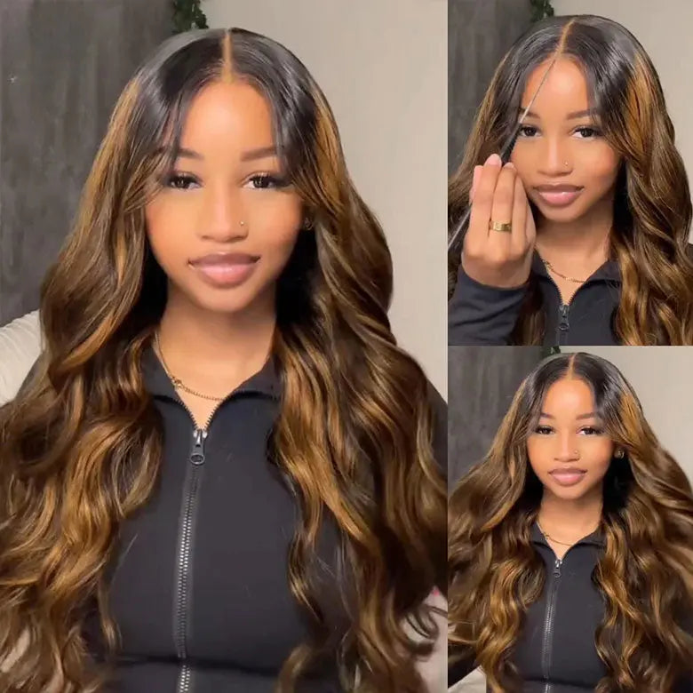 【Bye Bye Slip】Glueless Balayage Highlight Body Wave Wig with Drawstring Pre-cut 7x5 HD Lace Closure Human Hair Wigs with Bleached Knots Friendly for Beginners Summer Wig